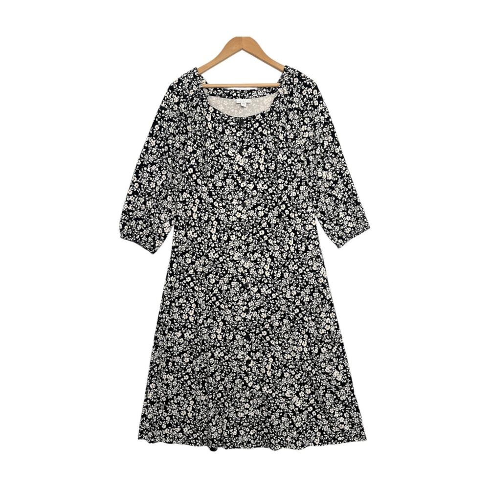 J Jill Midi Dress Womens Small Black Floral Button Up 3/4 Sleeve Boho Cottage